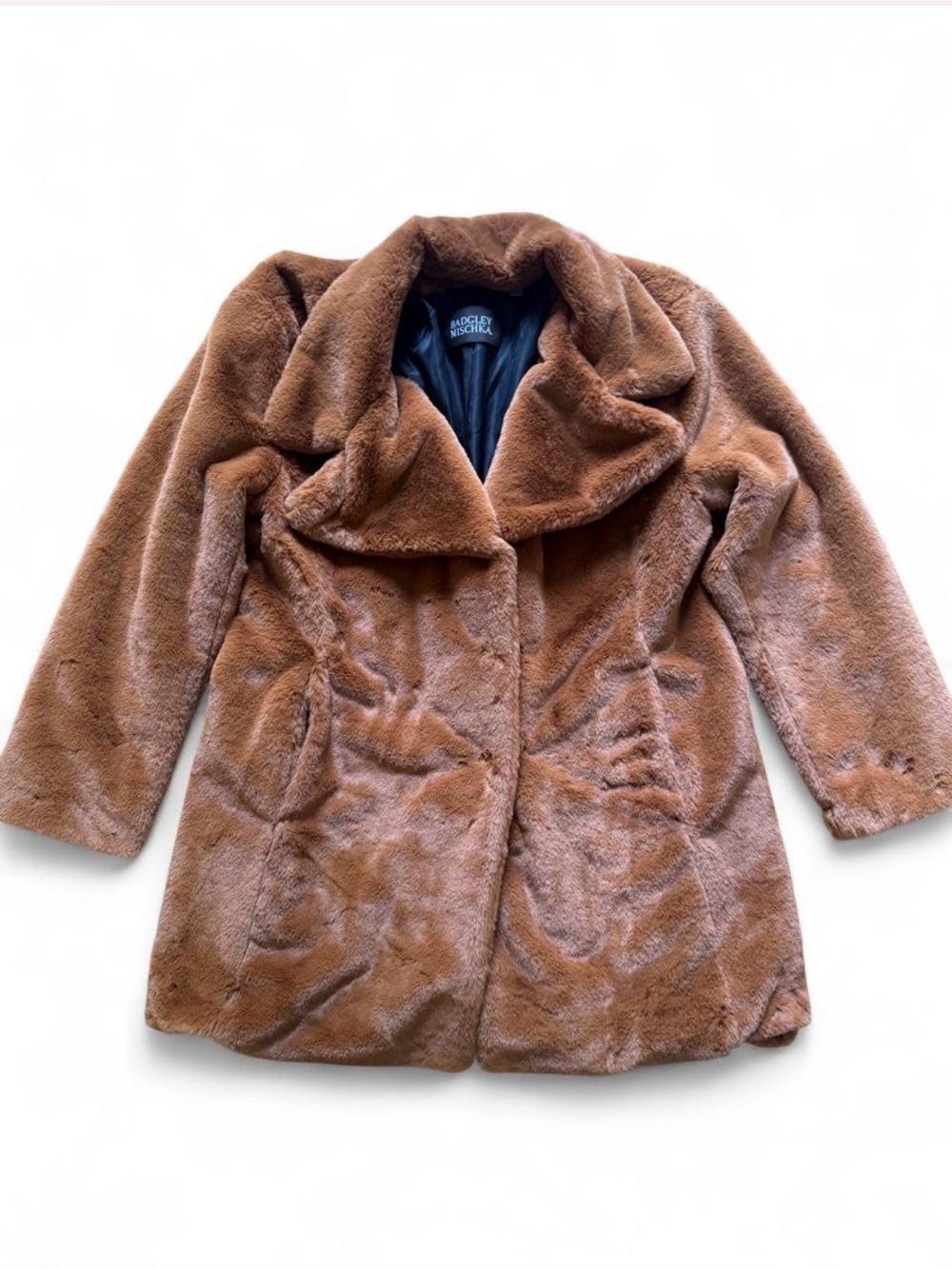 Badgley Mischka plush faux fur coat in a warm cognac brown shade Size Medium